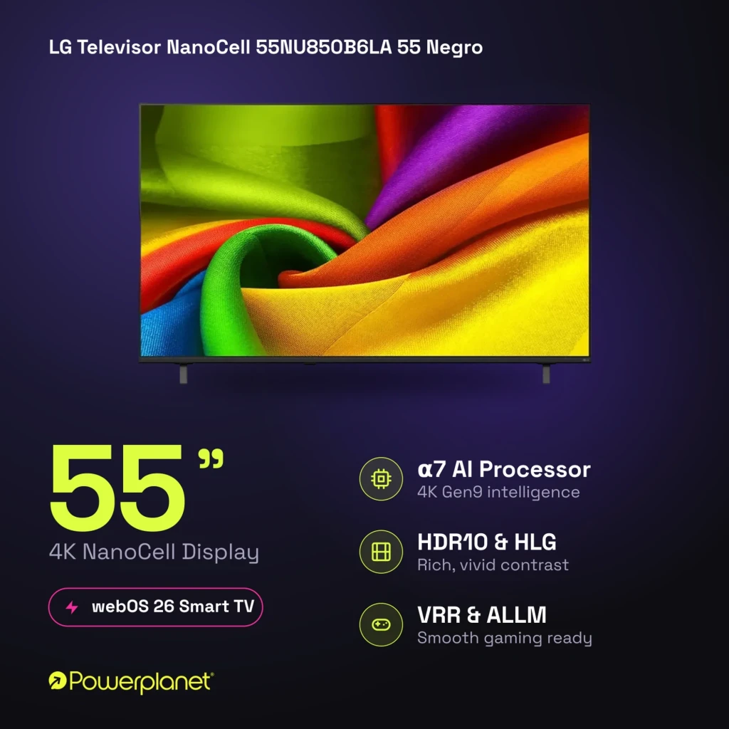 LG NanoCell 55NU850B6LA preto 55 polegadas 4K UHD AI tela fina bordas estreitas cores vivas alto contraste selo 2026 escrito no painel frontal - Item7