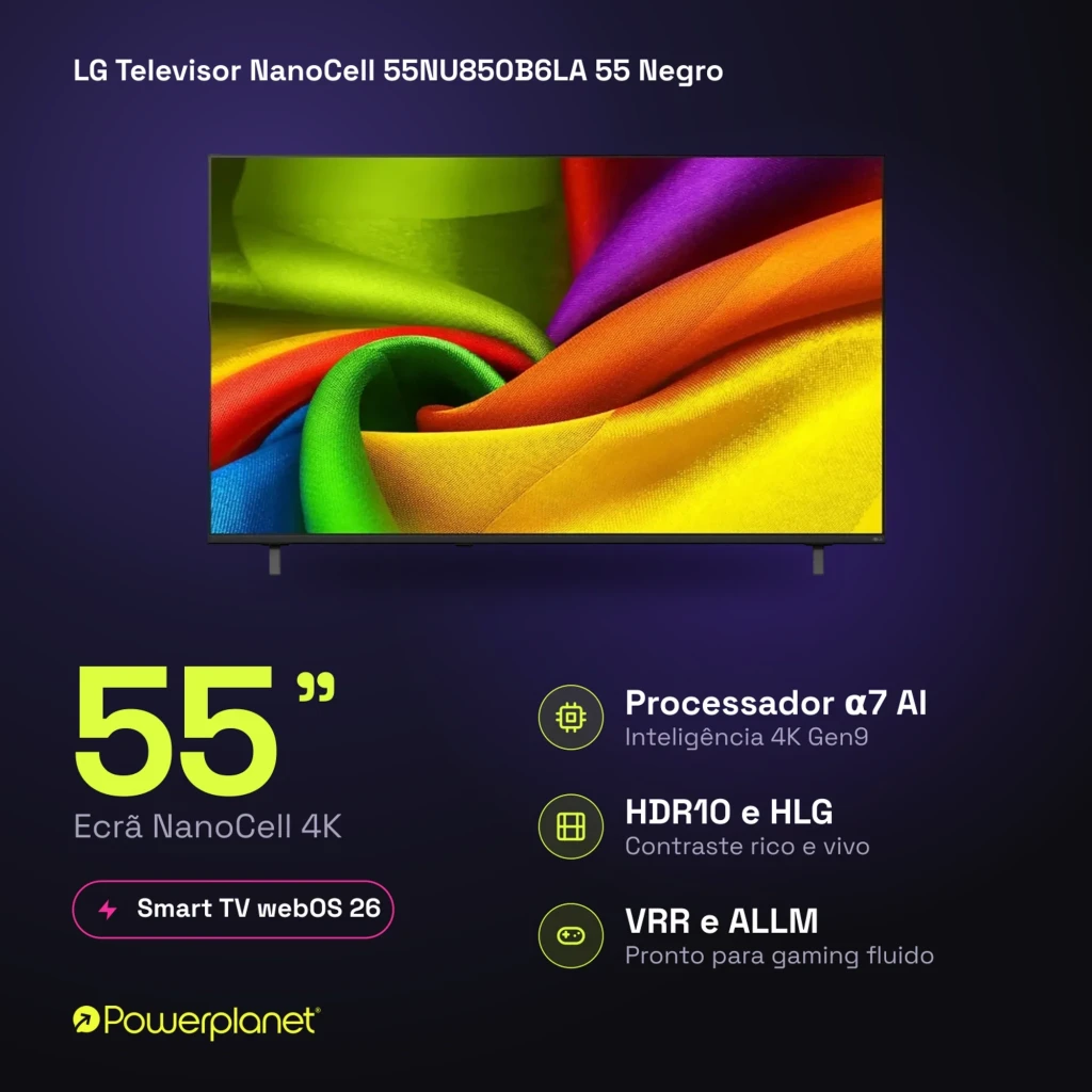 LG NanoCell 55NU850B6LA preto 55 polegadas 4K UHD AI tela fina bordas estreitas cores vivas alto contraste selo 2026 escrito no painel frontal - Item5