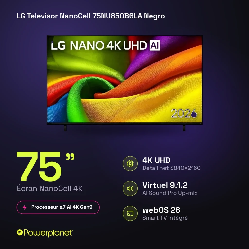 LG NanoCell 75NU850B6LA preto 75 polegadas 4K UHD AI tela fina bordas estreitas cores vivas alto contraste selo 2026 escrito no painel frontal - Item6