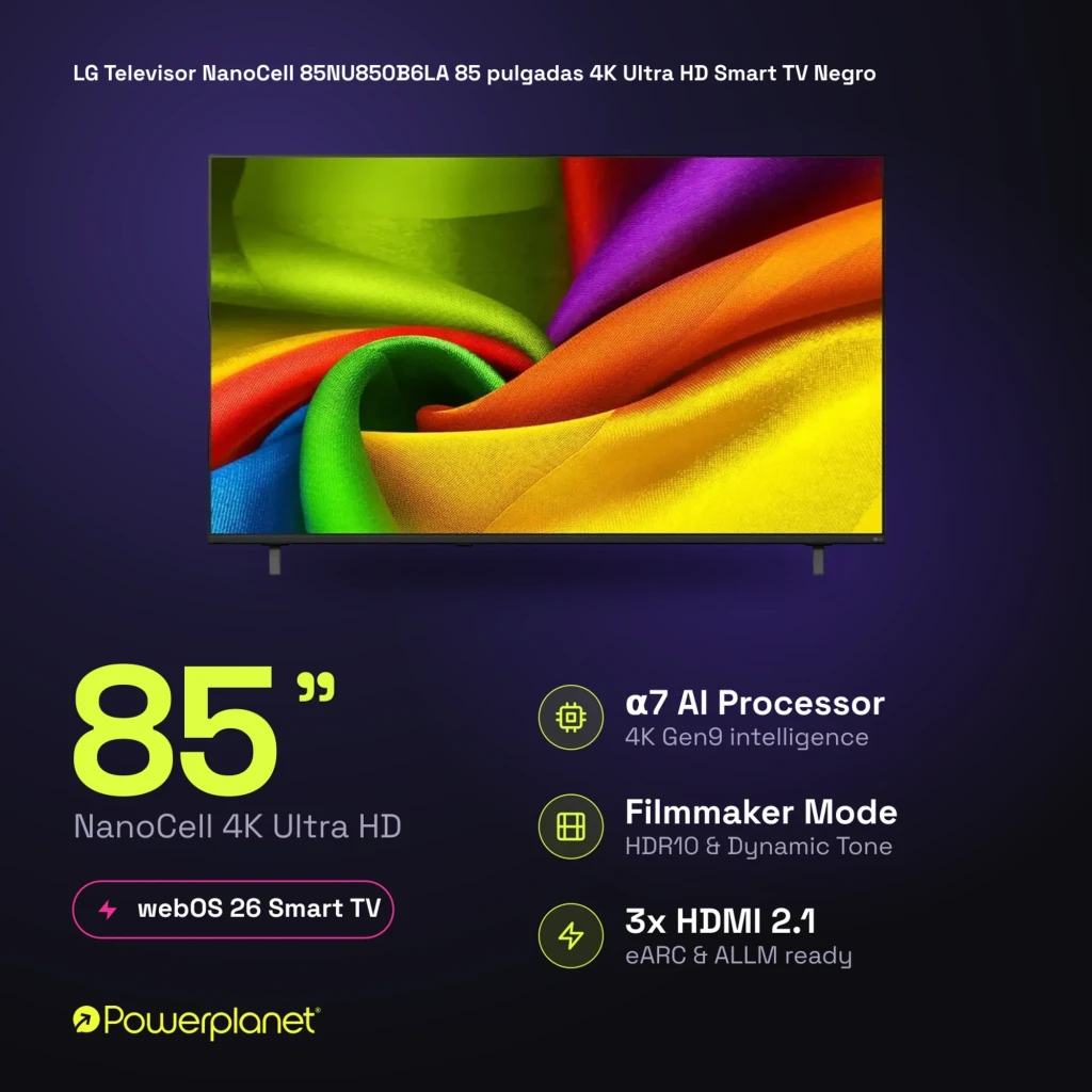 LG NanoCell 85NU850B6LA preto 85 polegadas 4K UHD AI tela fina bordas estreitas cores vivas alto contraste selo 2026 escrito no painel frontal - Item6