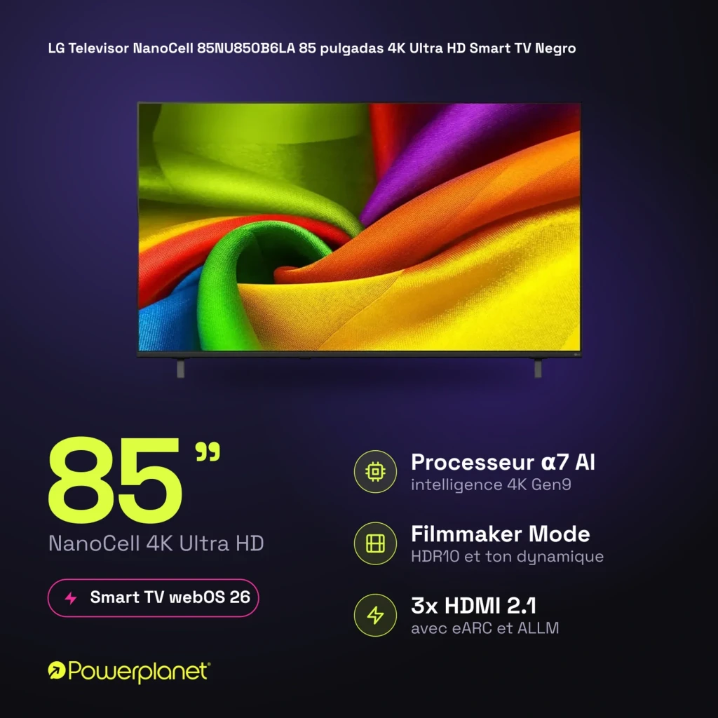 LG NanoCell 85NU850B6LA preto 85 polegadas 4K UHD AI tela fina bordas estreitas cores vivas alto contraste selo 2026 escrito no painel frontal - Item7