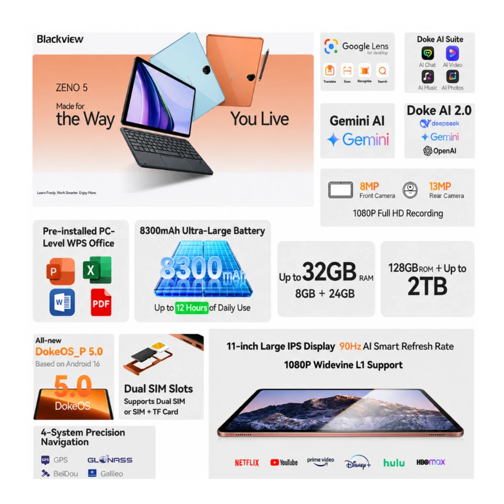 Tablet Blackview Zeno 5 gris de 11 pulgadas, marco delgado, pantalla IPS 90Hz, cámara trasera circular, frontal con marcos finos y cuerpo elegante - Ítem1