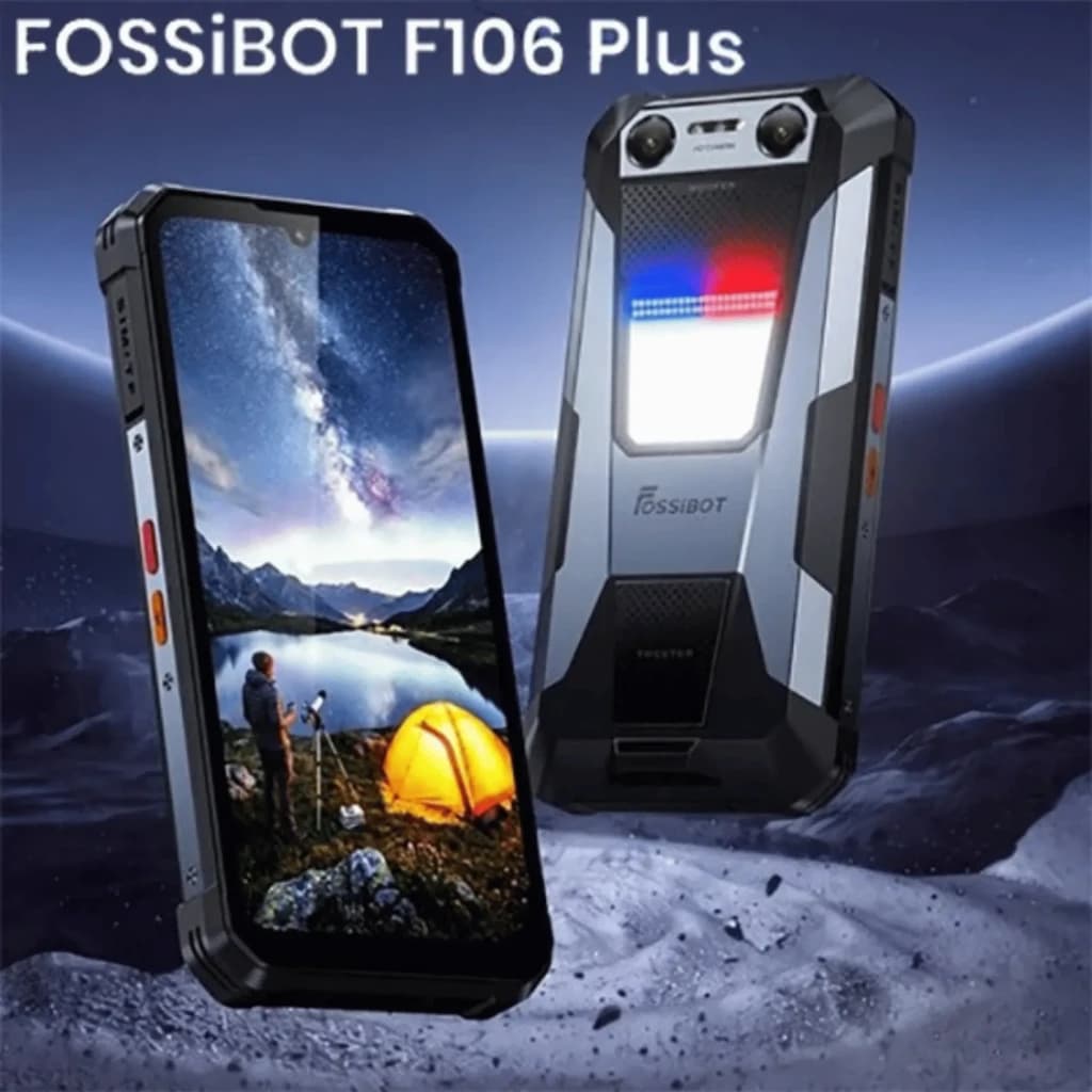 Fossibot F106 Plus rugerizado, carcasa robusta bicolor, linterna trasera 512 lm multicolor, botones laterales naranjas, pantalla con notch y biseles reforzados