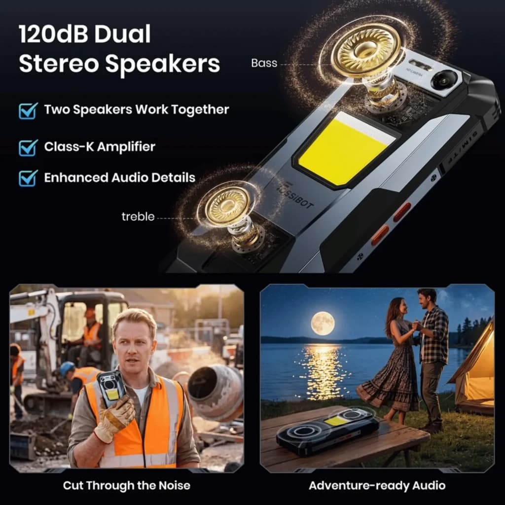 Fossibot F106 Plus rugerizado con doble altavoz estéreo 120 dB, linterna 512 lm, módulo trasero robusto y diseño resistente para exteriores