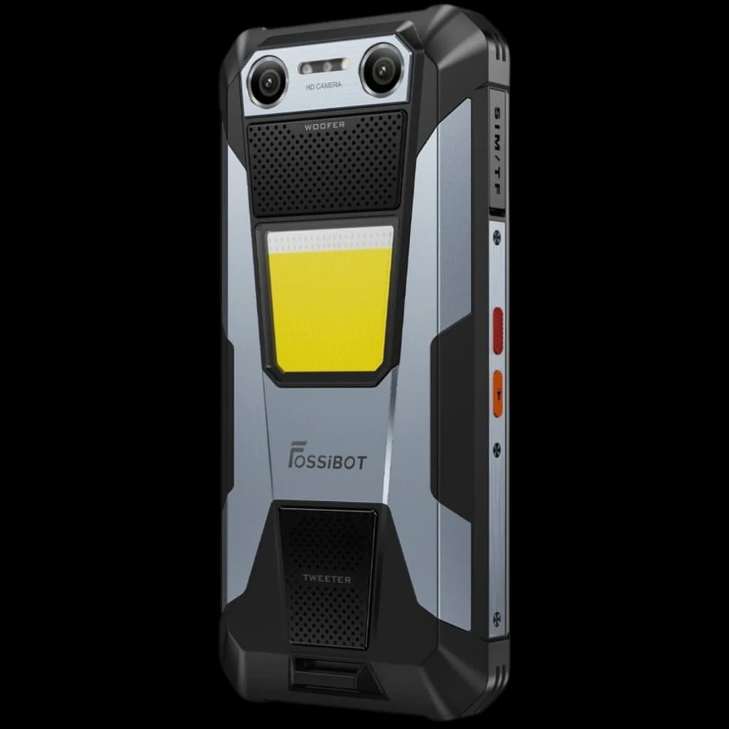 Fossibot F106 Plus rugerizado con linterna frontal 512 lm, doble cámara trasera, cuerpo robusto con esquinas reforzadas y botones laterales rojos y naranja