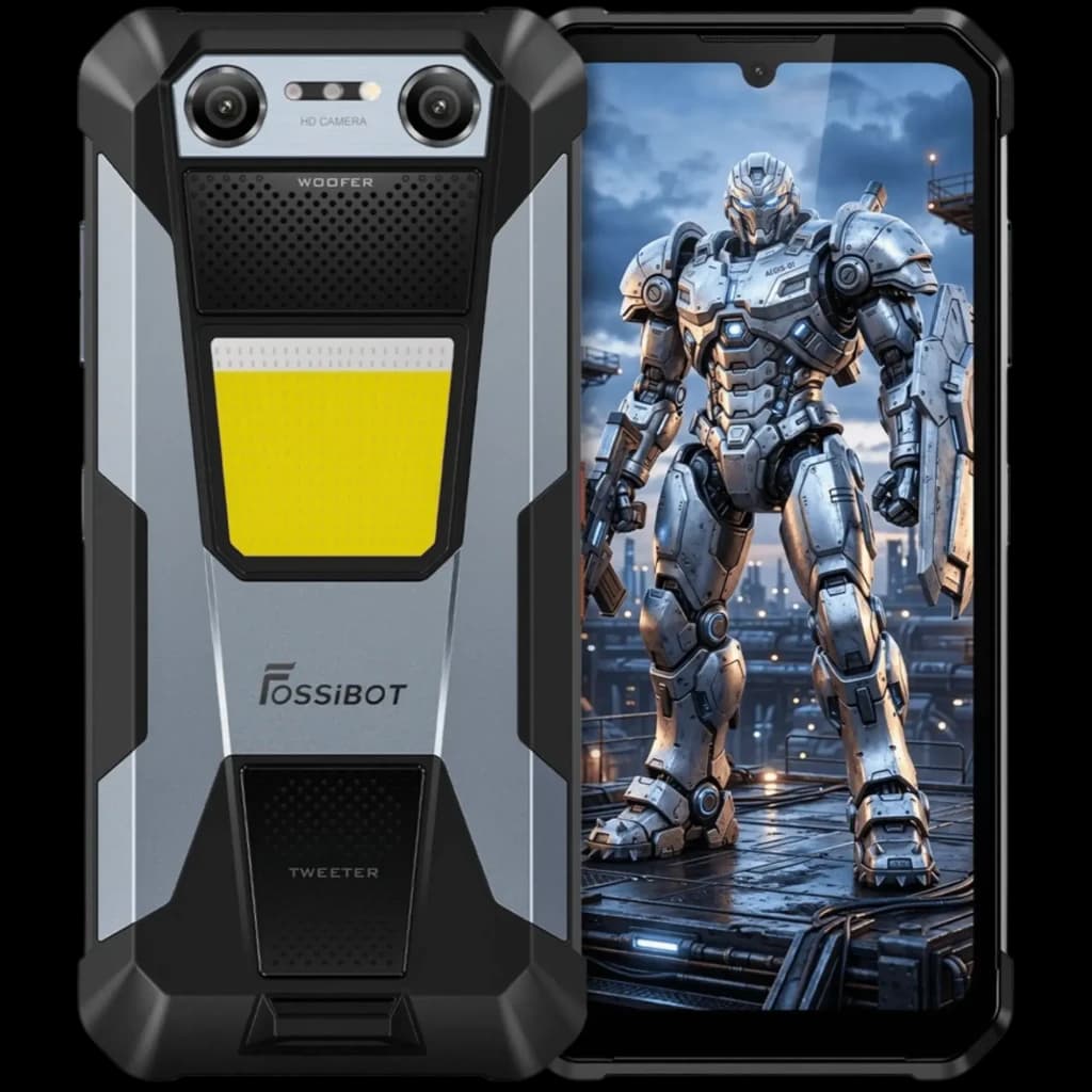 Fossibot F106 Plus rugerizado con carcasa robusta bicolor, gran linterna frontal 512 lm, doble cámara trasera, pantalla con notch y biseles reforzados
