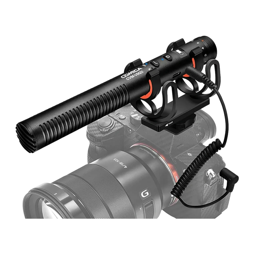 Micrófono Comica CVM-VM20 shotgun supercardioide negro, cuerpo metálico ranurado, control de ganancia, filtro y montaje antichoque con zapata para cámara - Ítem6