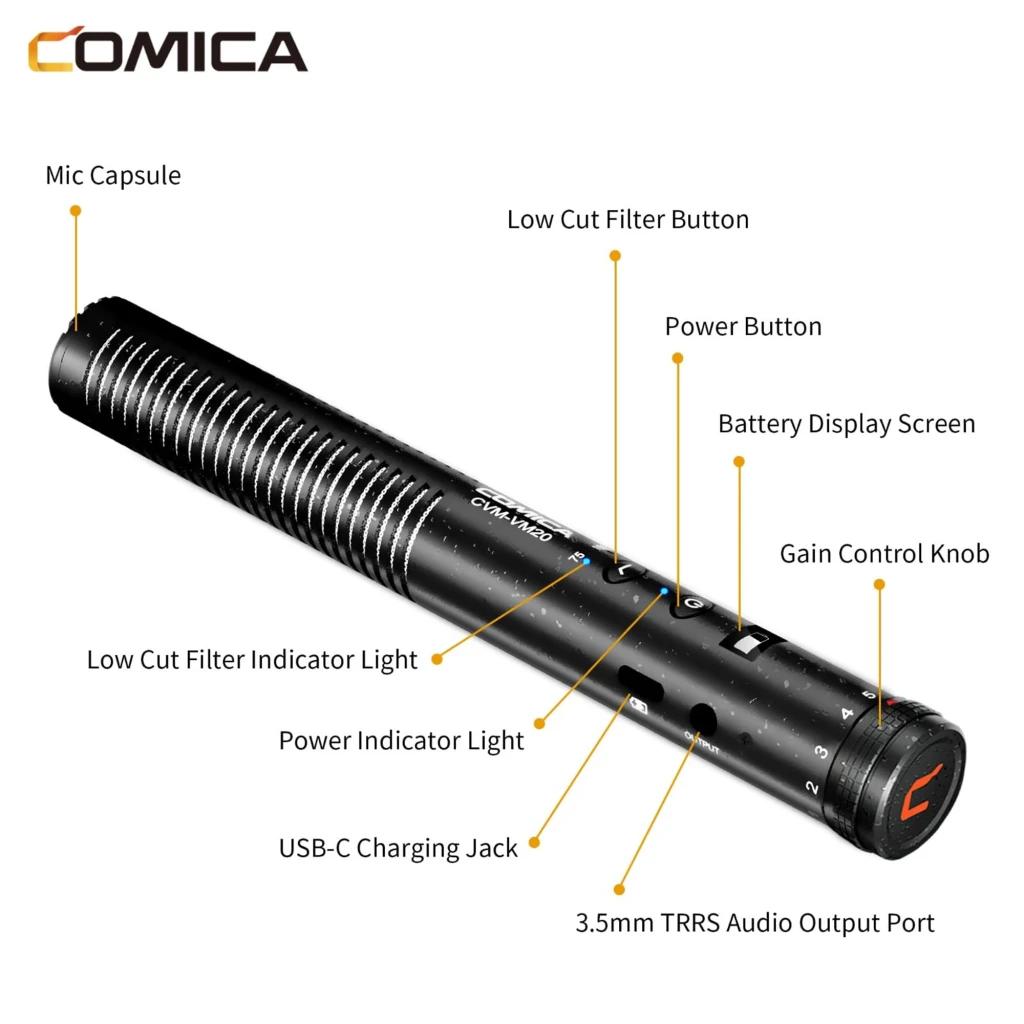 Micrófono Comica CVM-VM20 shotgun supercardioide negro, cuerpo metálico ranurado, control de ganancia, filtro y montaje antichoque con zapata para cámara - Ítem5