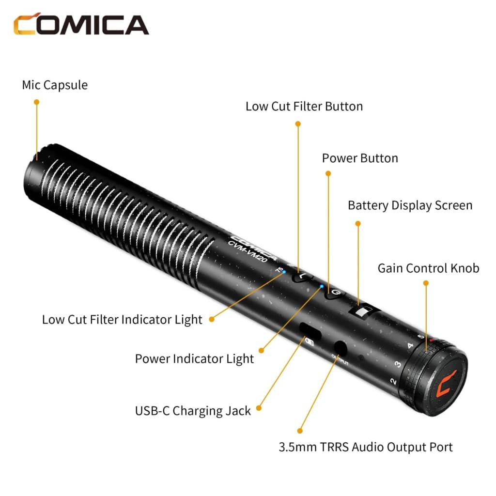 Microphone Comica CVM-VM20 shotgun supercardioïde noir, écran batterie, bouton power, filtre coupe-bas, molette de gain, USB-C et sortie audio 3,5 mm