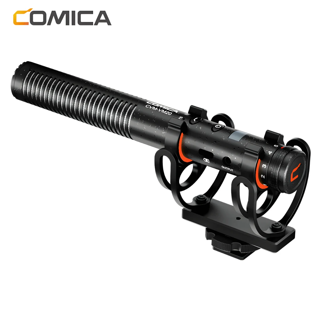 Micrófono Comica CVM-VM20 shotgun supercardioide negro, cuerpo metálico ranurado, control de ganancia, filtro y montaje antichoque con zapata para cámara - Ítem3