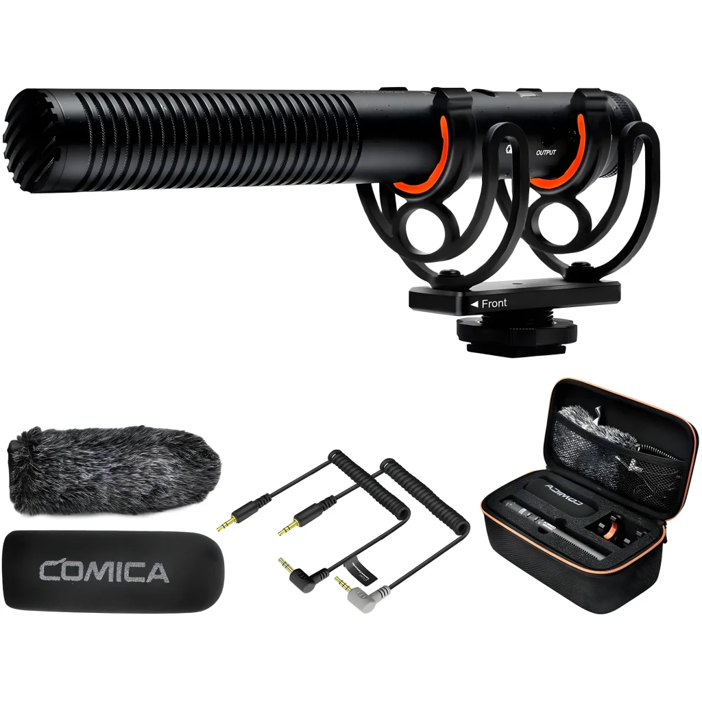 Micrófono Comica CVM-VM20 shotgun supercardioide negro, cuerpo metálico ranurado, control de ganancia, filtro y montaje antichoque con zapata para cámara - Ítem1