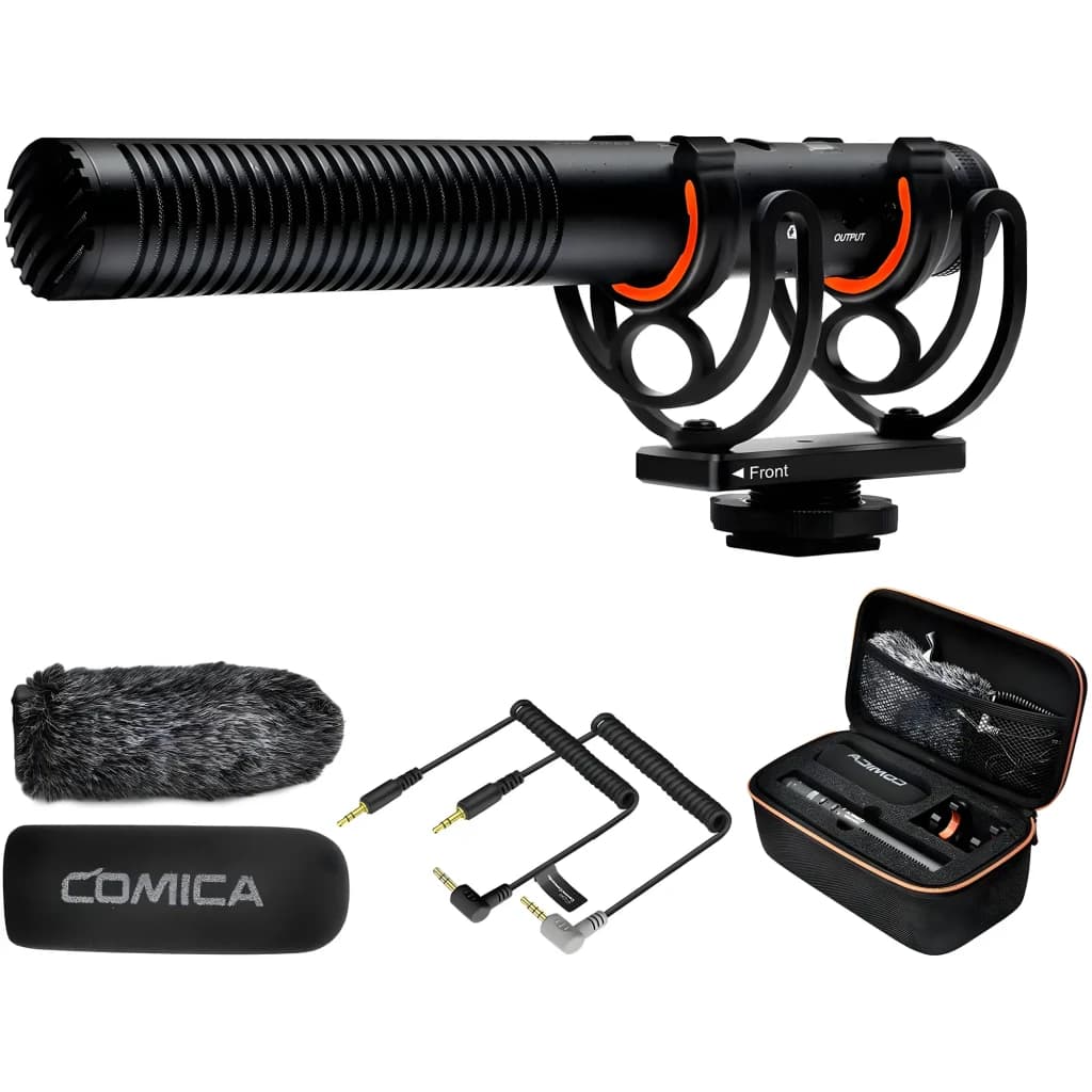 Microphone Comica CVM-VM20 shotgun supercardioïde noir, corps rainuré, suspension anti-choc orange, bonnettes fourrure et mousse, câbles TRS/TRRS, étui