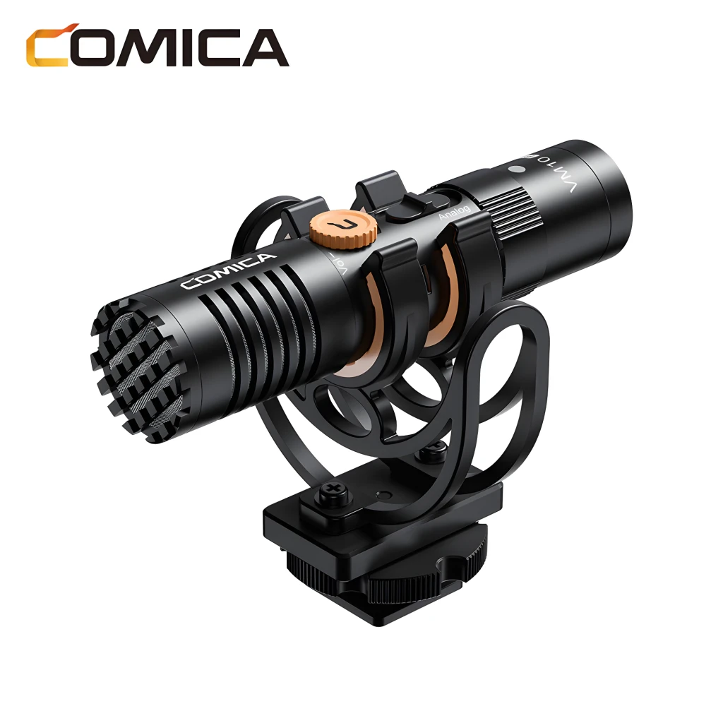 Microfone Comica VM10 Pro, condensador supercardioide, corpo metálico preto com detalhes cobre, suporte antivibração e montagem para câmera, porta USB-C - Item6