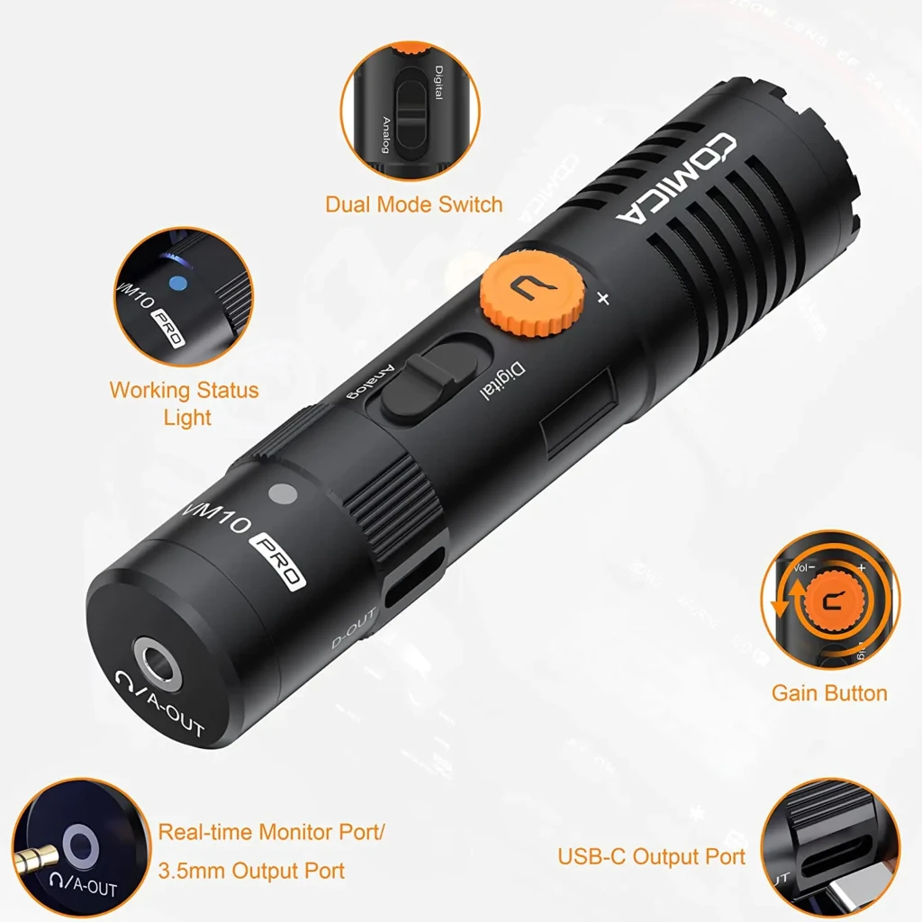 Microfone Comica VM10 Pro, condensador supercardioide, corpo metálico preto com detalhes cobre, suporte antivibração e montagem para câmera, porta USB-C - Item5