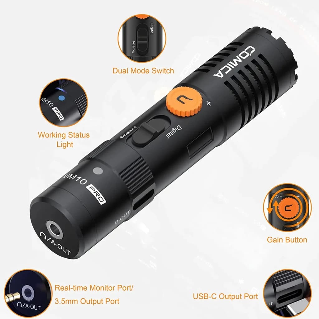 Microphone Comica VM10 Pro à condensateur, supercardioïde, boîtier noir compact avec bouton de gain, interrupteur double mode, voyants d’état et port