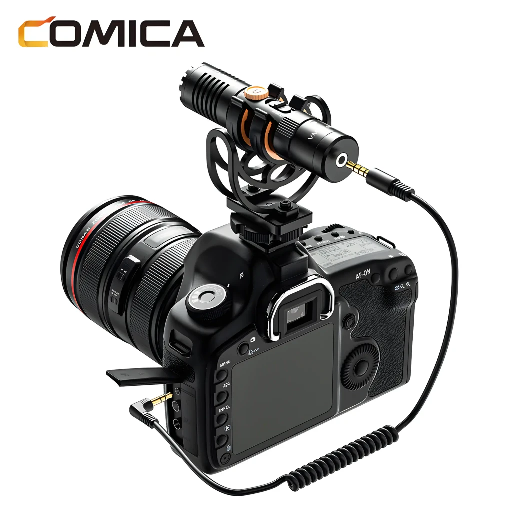 Microfone Comica VM10 Pro, condensador supercardioide, corpo metálico preto com detalhes cobre, suporte antivibração e montagem para câmera, porta USB-C - Item4