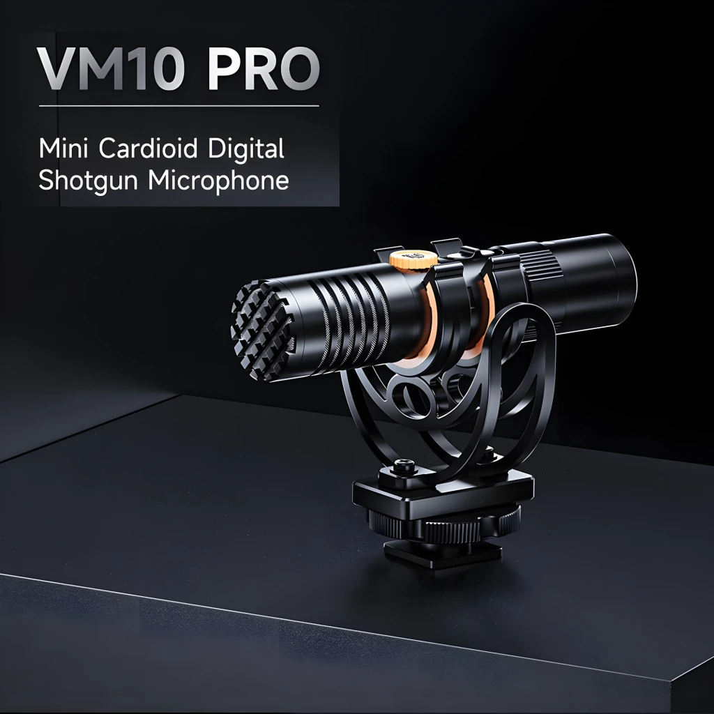 Microfone Comica VM10 Pro, condensador supercardioide, corpo metálico preto com detalhes cobre, suporte antivibração e montagem para câmera, porta USB-C - Item3