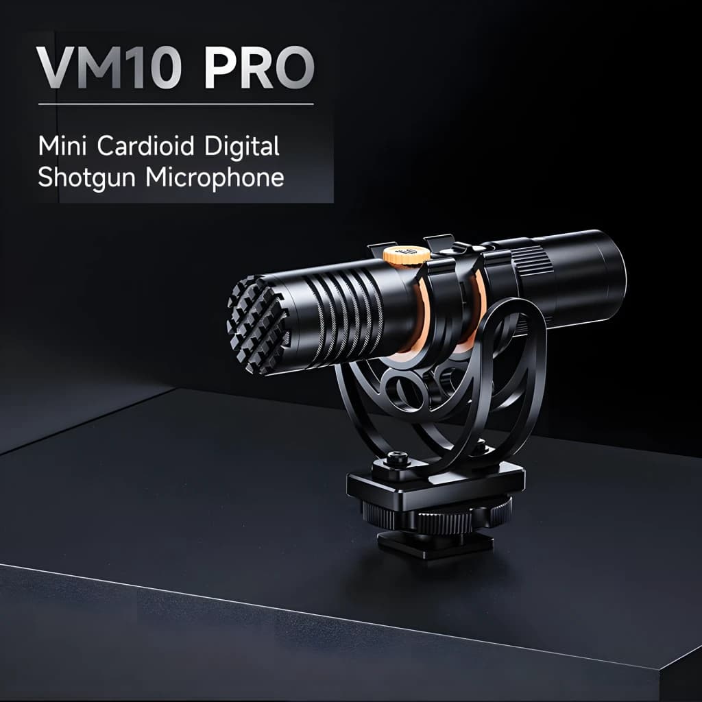 Microphone Comica VM10 Pro à condensateur, supercardioïde, mini shotgun noir avec suspension antichoc, molette dorée et fixation griffe, port USB-C