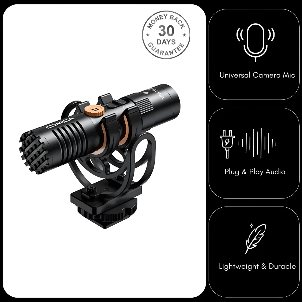 Microfone Comica VM10 Pro, condensador supercardioide, corpo metálico preto com detalhes cobre, suporte antivibração e montagem para câmera, porta USB-C - Item1