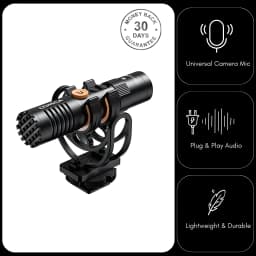 Microphone Comica VM10 Pro supercardioïde compact, montage sur griffe avec suspension antichoc, finition noire mate, port USB-C, design léger et robuste