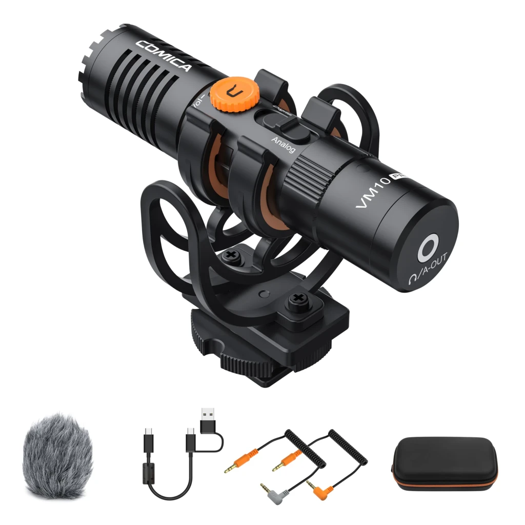 Microfone Comica VM10 de condensador, padrão cardioide, corpo metálico preto, montagem shock mount com sapata, saída USB-C e 3,5 mm TRS, botão laranja - Item5