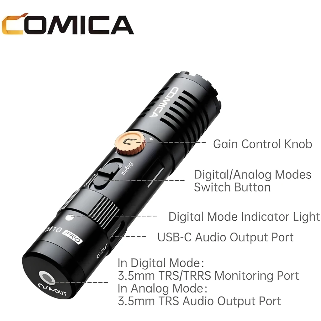 Microfone Comica VM10 de condensador, padrão cardioide, corpo metálico preto, montagem shock mount com sapata, saída USB-C e 3,5 mm TRS, botão laranja - Item2