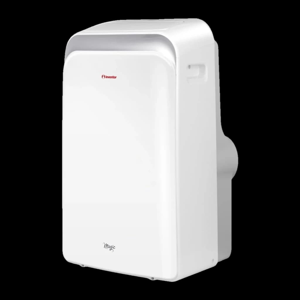 Climatiseur portable blanc Inventor Magic R290 avec pompe à chaleur, façade lisse arrondie, écran discret, sortie arrière pour gaine, 3027 frigories