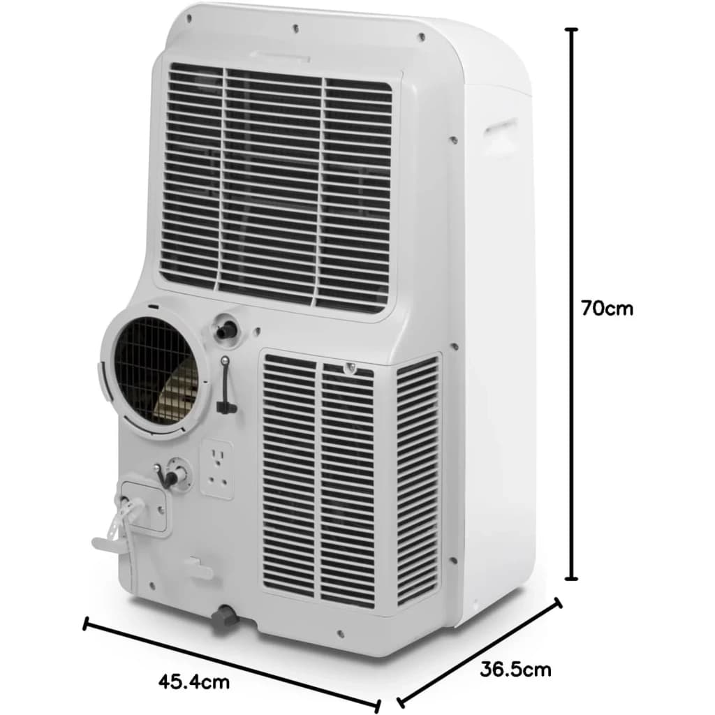 Dos d’un climatiseur mobile blanc avec grandes grilles d’aération, sortie circulaire, poignée latérale et dimensions 70 × 45,4 × 36,5 cm