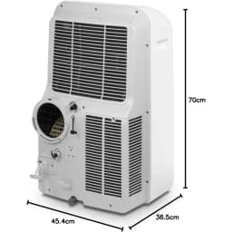 Dos d’un climatiseur mobile blanc avec grandes grilles d’aération, sortie circulaire, poignée latérale et dimensions 70 × 45,4 × 36,5 cm
