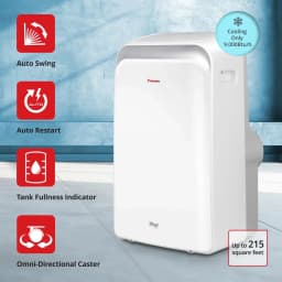 Climatiseur portable blanc avec panneaux arrondis, écran discret, roulettes omnidirectionnelles, poignées latérales et icônes Auto Swing, Auto Restart,
