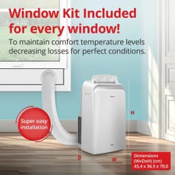 Climatiseur portable blanc avec tuyau de fenêtre inclus, écran discret et roulettes; compact 45,4 x 36,5 x 70 cm, pompe à chaleur R290, 3027 frigories