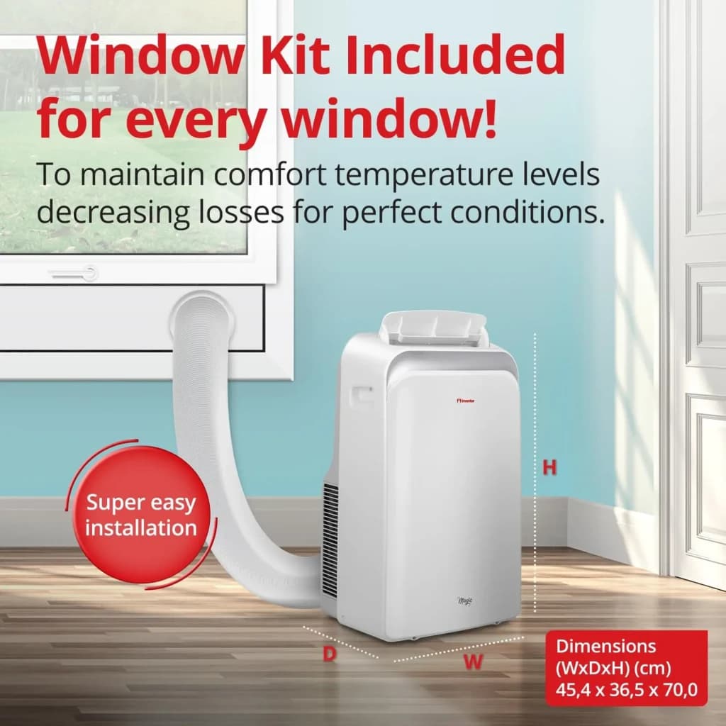 Climatiseur portable blanc avec tuyau d’évacuation et kit de fenêtre inclus, poignées supérieures, affichage discret; compact 45,4 × 36,5 × 70 cm