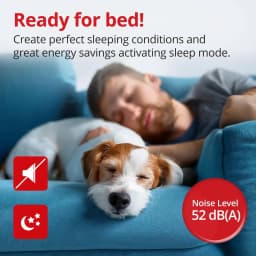 Climatiseur portable Inventor Magic R290 avec pompe à chaleur, mode nuit, niveau sonore 52 dB(A), icônes silence et lune, ambiance sommeil confortable