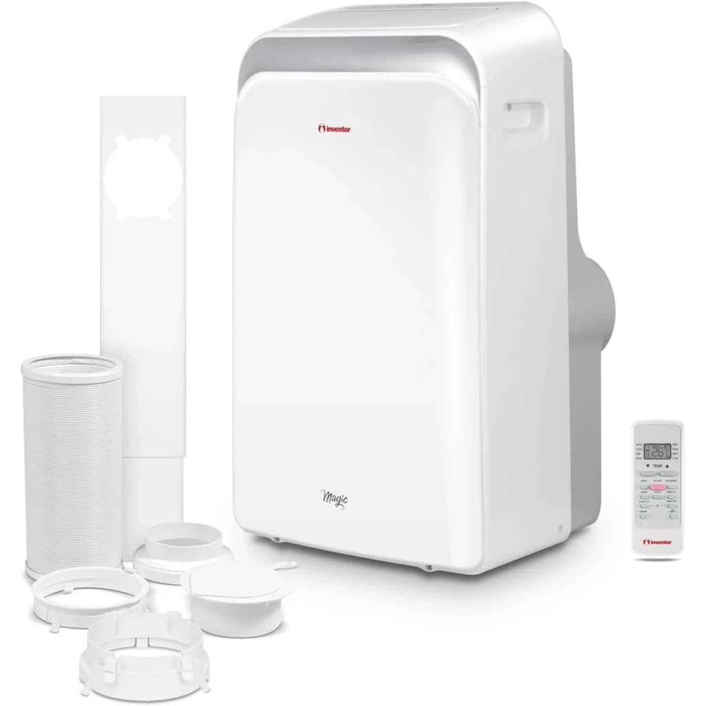 Climatiseur portable blanc avec pompe à chaleur R290, écran discret, grande bouche d air, tuyau d évacuation, filtres, adaptateurs et télécommande inclus