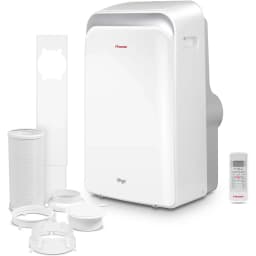 Climatiseur portable blanc avec pompe à chaleur R290, écran discret, grande bouche d air, tuyau d évacuation, filtres, adaptateurs et télécommande inclus