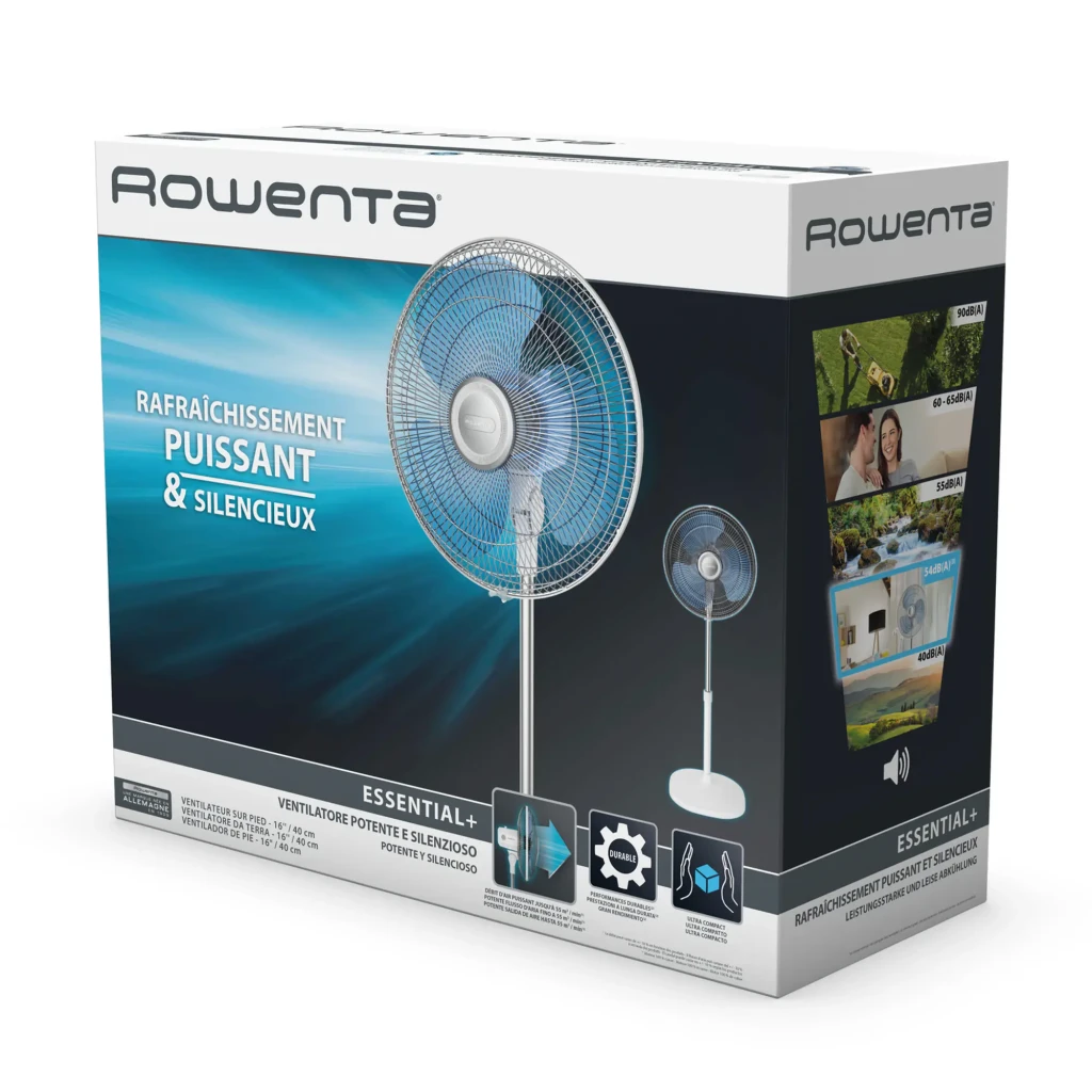 Ventilador de pie blanco con 3 aspas azules, rejilla metálica, base redonda estable y altura regulable; diseño limpio y moderno para enfriamiento doméstico - Ítem3