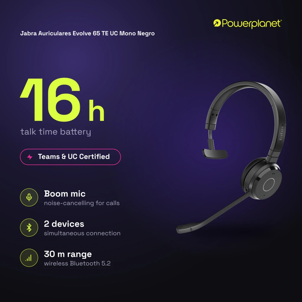 Jabra Evolve 65 TE UC Mono Negro, vista lateral: auricular monoaural con diadema y micrófono flexible - Ítem6