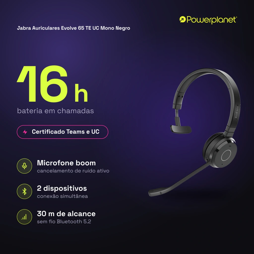 Jabra Evolve 65 TE UC Mono Negro, vista lateral: auricular monoaural con diadema y micrófono flexible - Ítem4