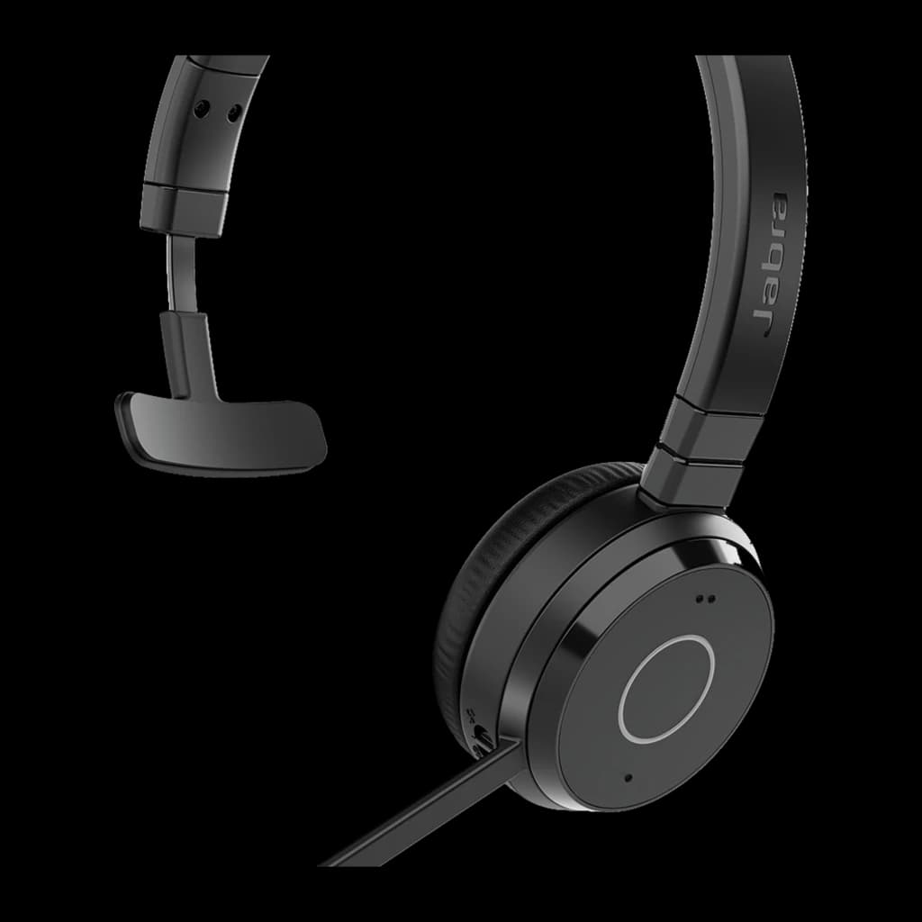 Jabra Evolve 65 TE UC Mono Negro, vista trasera: auricular con base de carga y micrófono retráctil