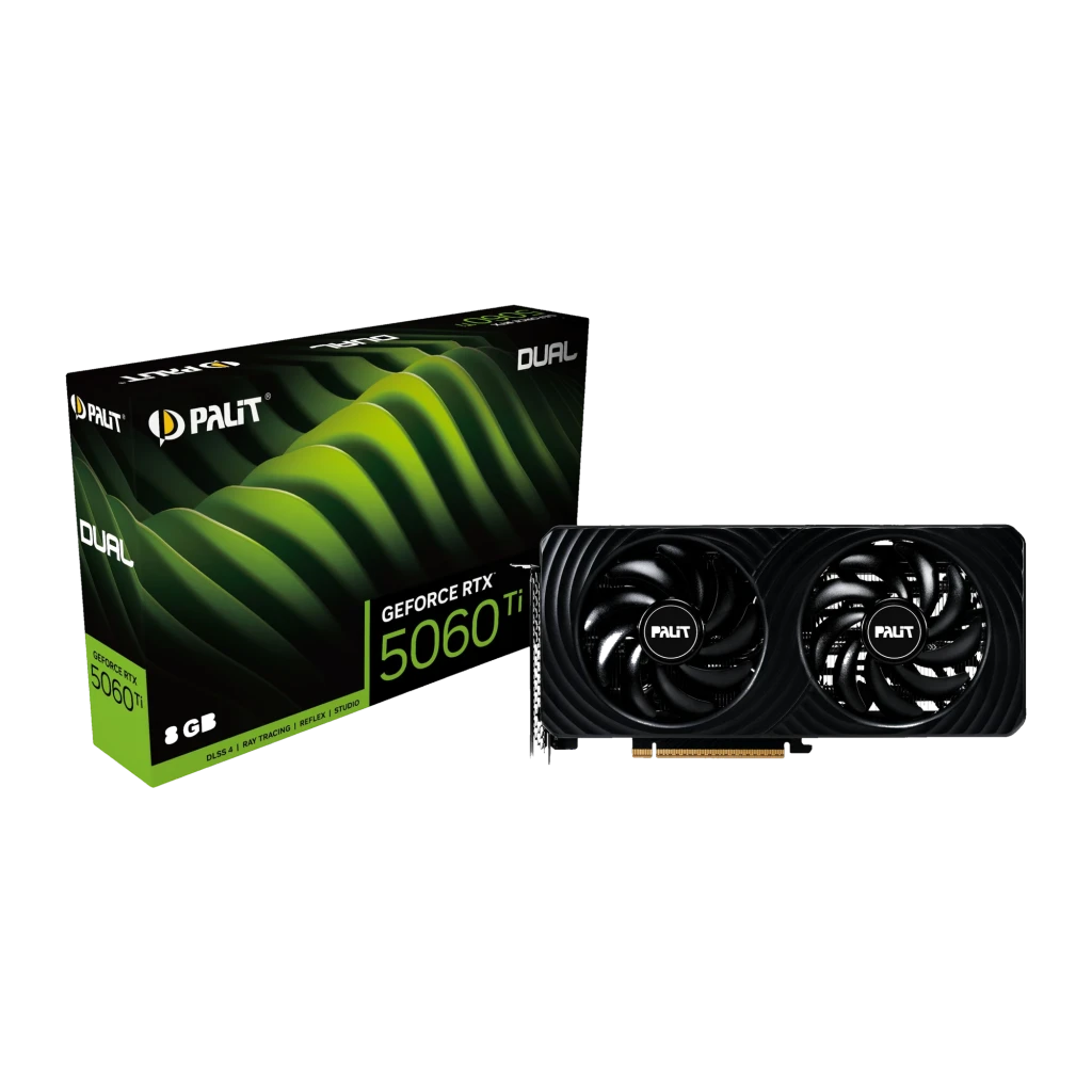 Palit RTX 5060 Ti Dual 8GB preto, vista lateral: placa gráfica com ventiladores duplos e caixa de embalagem verde - Item5