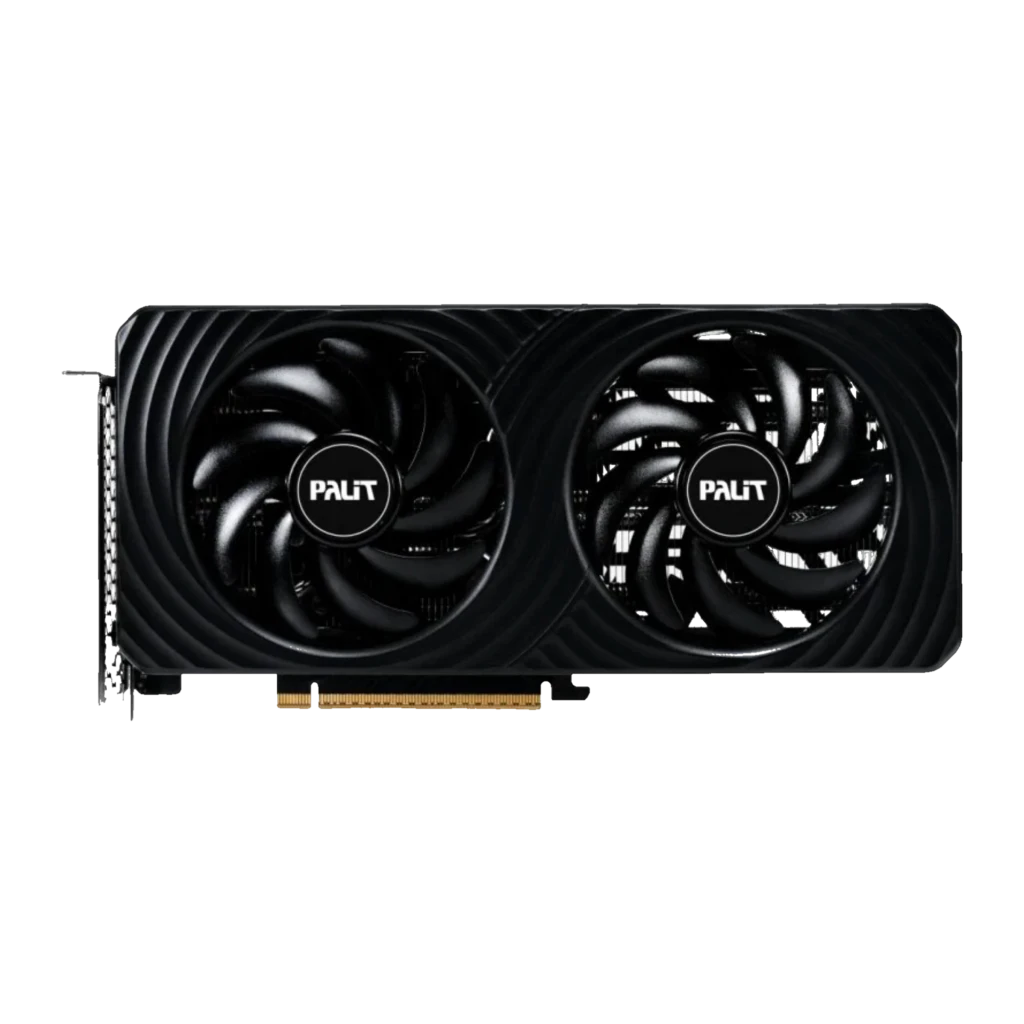 Palit RTX 5060 Ti Dual 8GB preto, vista lateral: placa gráfica com ventiladores duplos e caixa de embalagem verde - Item1
