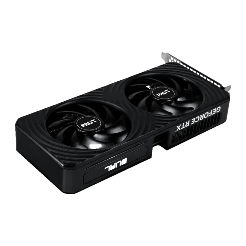Palit RTX 5060 Ti Dual 8GB preto, vista lateral: placa gráfica com ventiladores duplos e caixa de embalagem verde - Item2