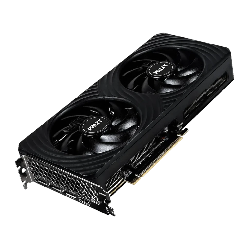 Palit RTX 5060 Ti Dual 8GB preto, vista lateral: placa gráfica com ventiladores duplos e caixa de embalagem verde - Item3