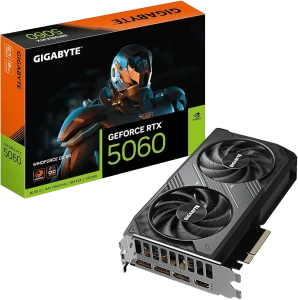 Gigabyte GeForce RTX 5060 WINDFORCE OC 8GB Preto, vista frontal: placa gráfica com ventilador duplo e caixa