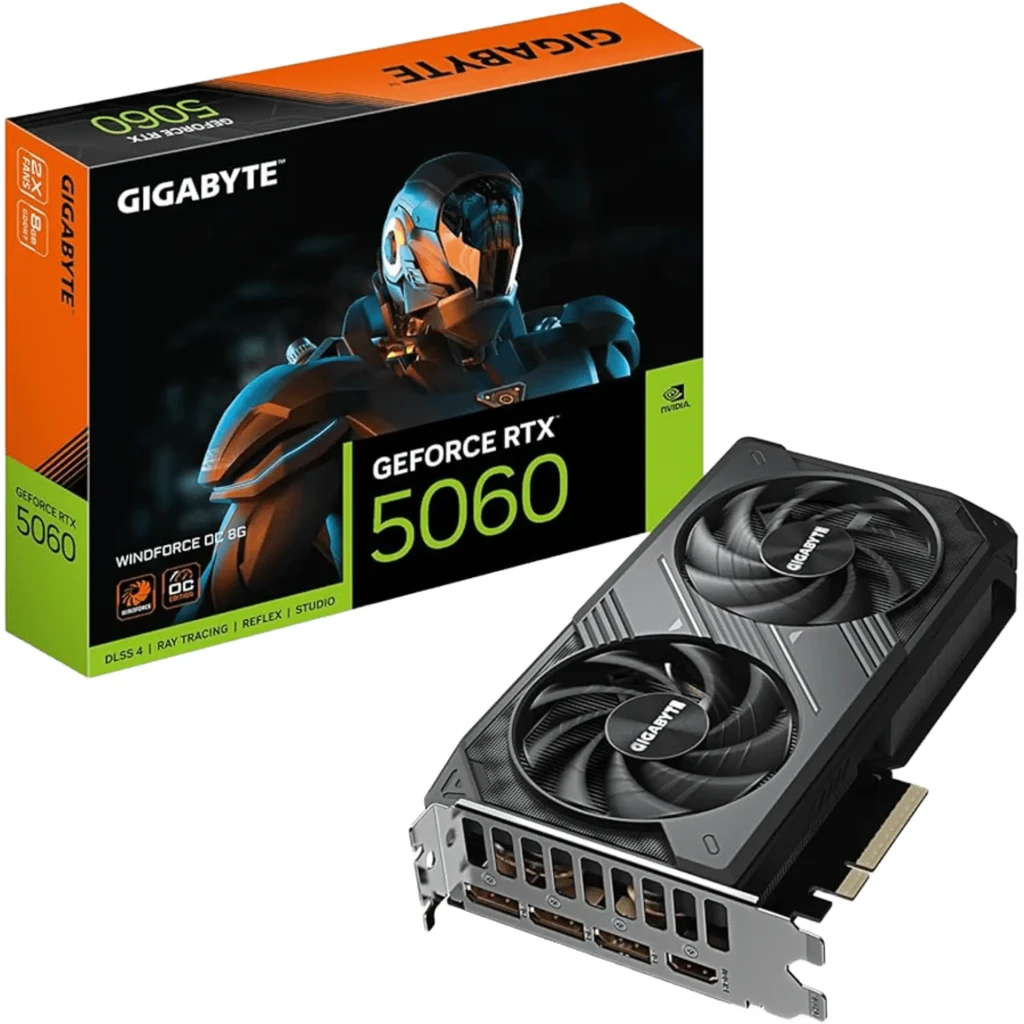 Gigabyte GeForce RTX 5060 WINDFORCE OC 8GB Preto, vista frontal: placa gráfica com ventilador duplo e caixa - Item1