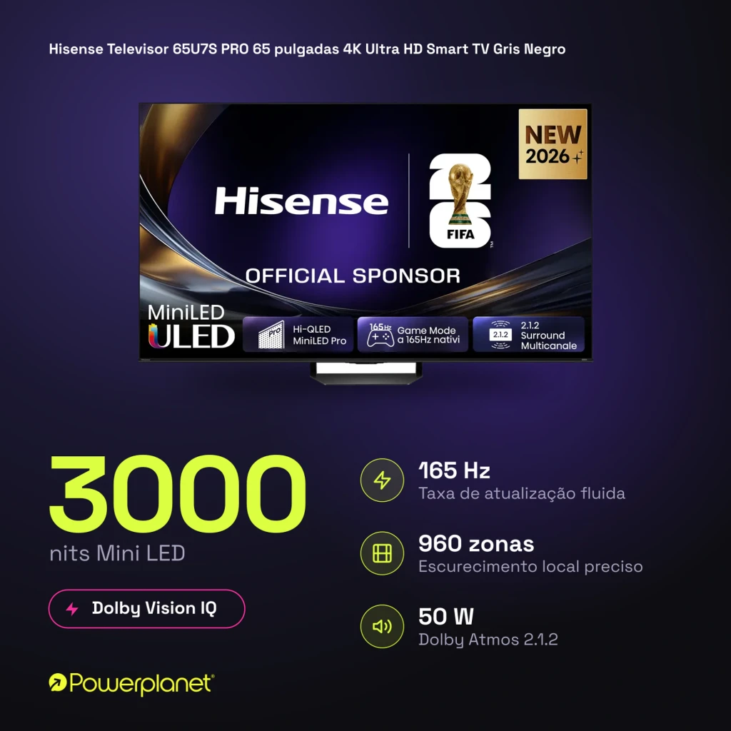 Televisor Hisense 65U7S PRO Mini LED 65 pulgadas 4K con panel ULED, logo FIFA 2026, modo juego 165 Hz, soporte central metálico y marco delgado negro - Ítem5