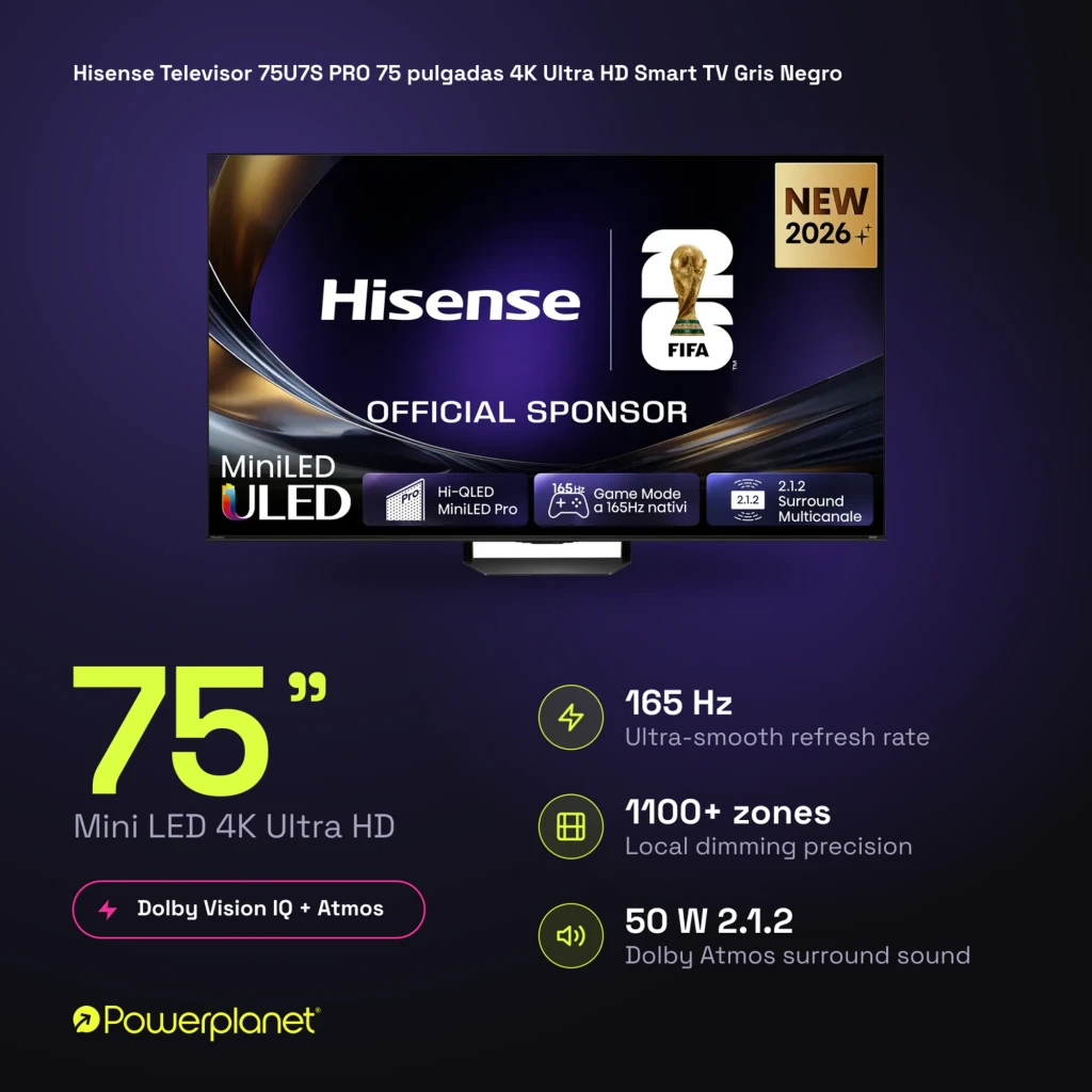 Televisor Hisense 75U7S PRO Mini LED 75 pulgadas 4K con panel ULED, logo FIFA 2026, modo juego 165 Hz, soporte central metálico y marco delgado negro - Ítem5