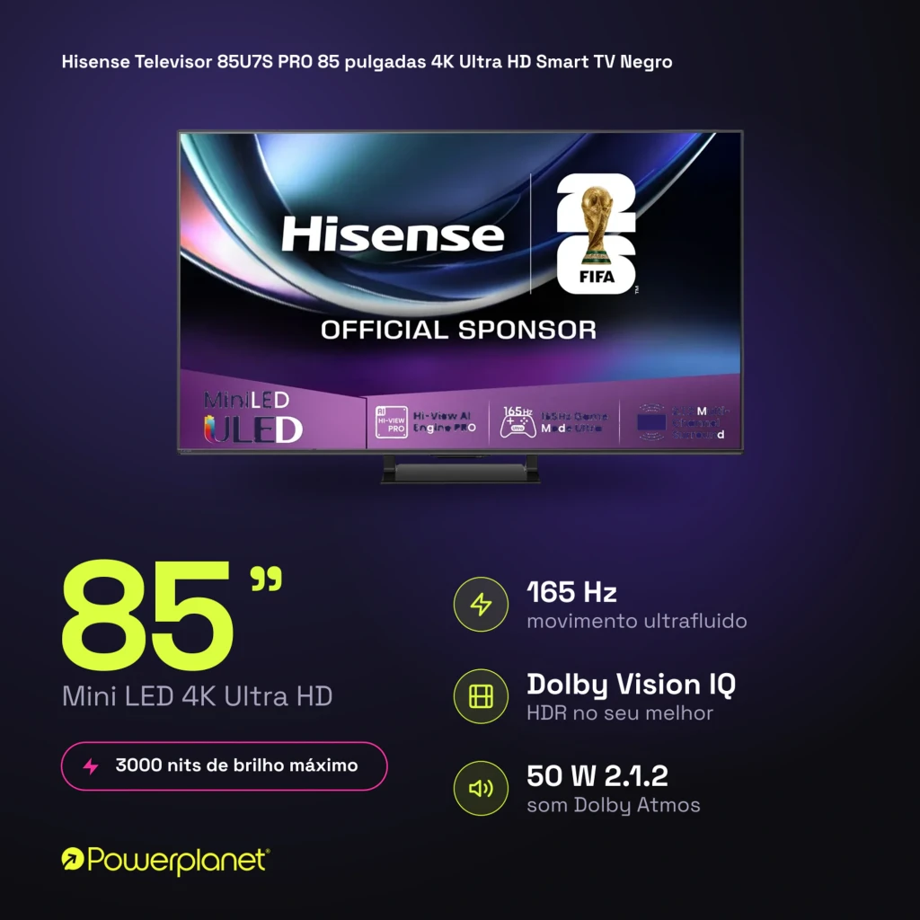 Televisor Hisense 85U7S PRO Mini LED 85 pulgadas 4K con panel ULED, logo FIFA 2026, modo juego 165 Hz, soporte central metálico y marco delgado negro - Ítem7