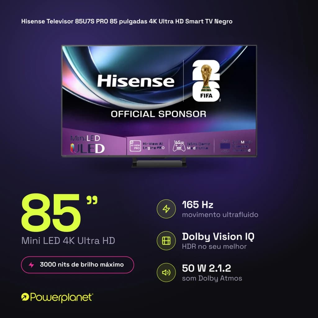 TV Hisense 85U7S PRO 85 polegadas com painel Mini LED 4K, 165Hz, brilho até 3000 nits, HDR Dolby Vision IQ e som 50 W 2.1.2 com Dolby Atmos