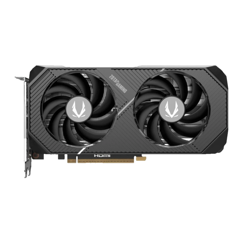ZOTAC RTX 5070 Twin Edge 12GB, vista lateral com caixa: placa gráfica preta com duplo ventilador e módulo de memória prateado - Item2